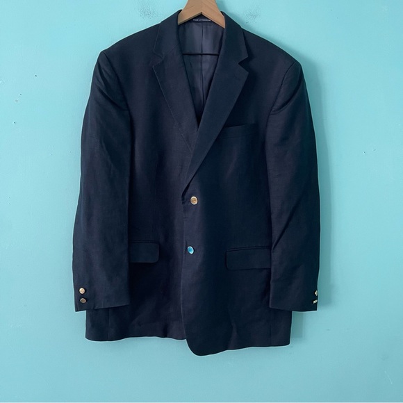 Lands’ End Linen Tweed Double Breasted Preppy Sport Coat Blazer Navy 44R Mens